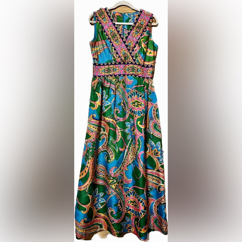 Vintage 1960s Psychedelic Maxi Sleeveless Bright Color Paisley Dress Costume